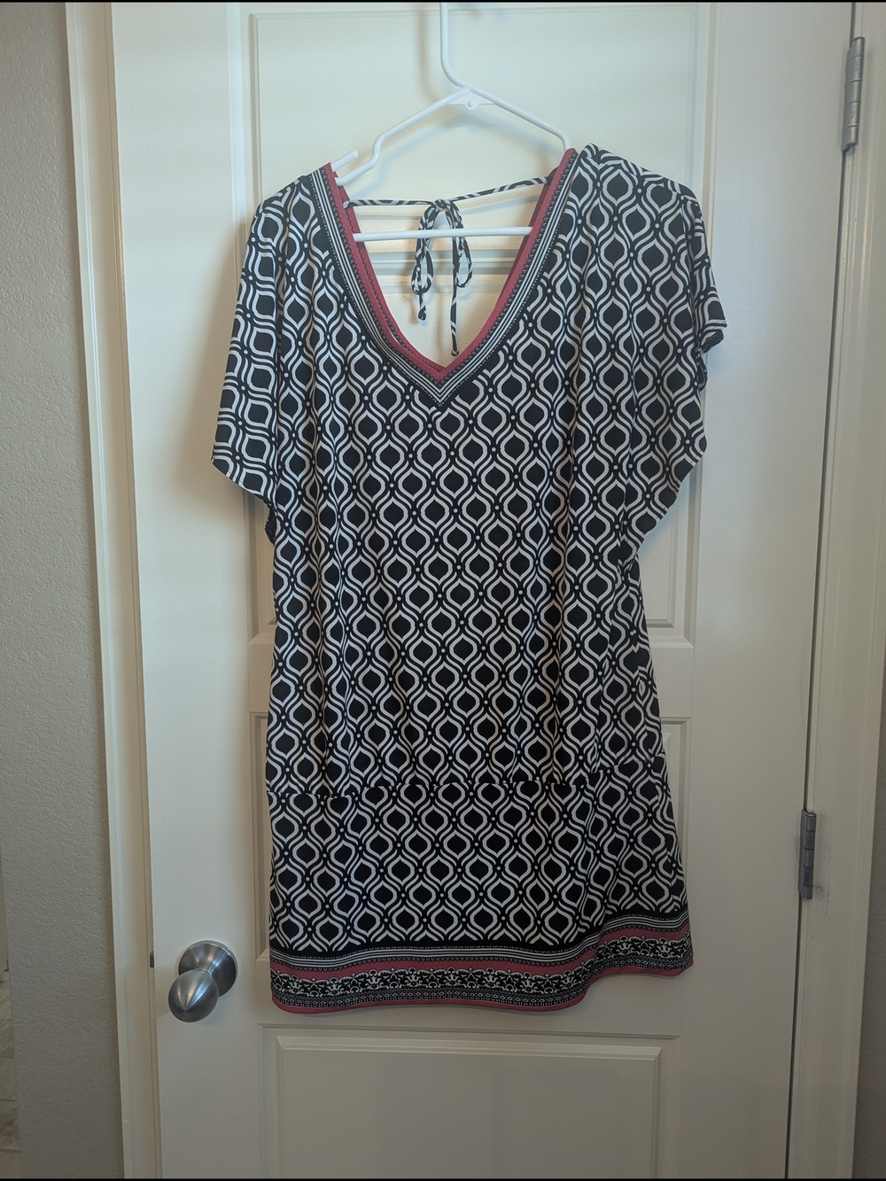 WHBM Geometric V-Neck Mini Dress with Pink Trim